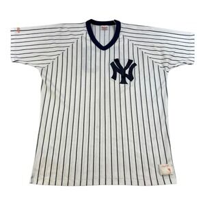 Vtg New York Yankees Sz XL White Navy MLB Baseball Rawlings Jersey Pinstripe 80s